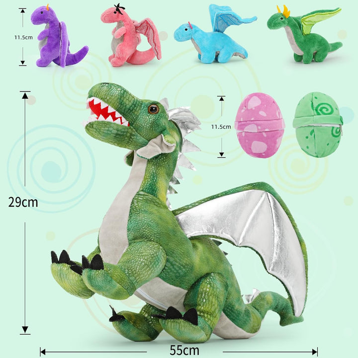 MorisMos 55cm Stehend Drache Kuscheltier mit Baby im Bauch, Grün Gross Plüschdrache Kuscheltiere XXL