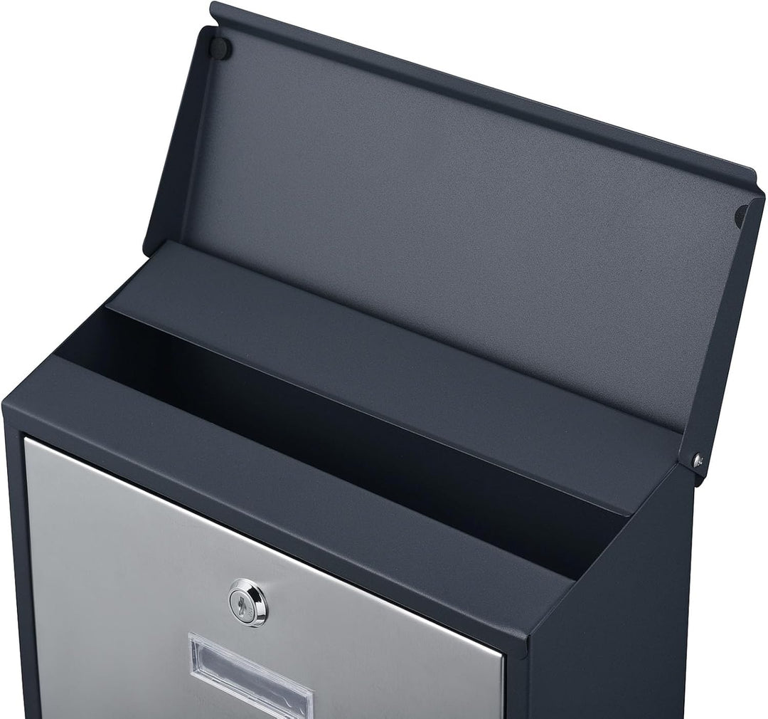 Wiltec Designer Briefkasten V38 Anthrazit und Edelstahl 305 x 105 x 385 mm, Wandbriefkasten mit Schl