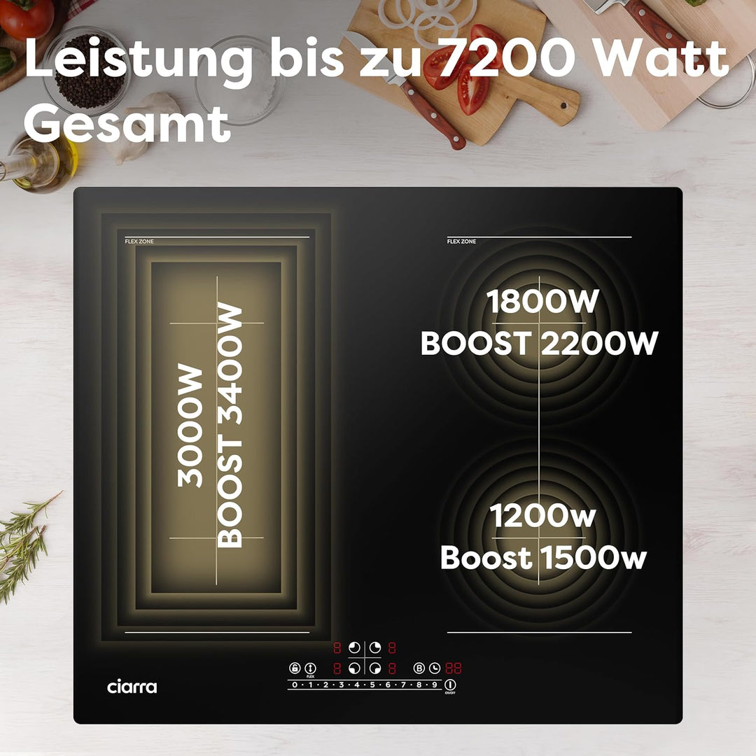 CIARRA CBBIH4BFF 4 Zonen Einbau Induktionskochfeld mit Zwei Flexzonen Power Booster Touch-Bedienung