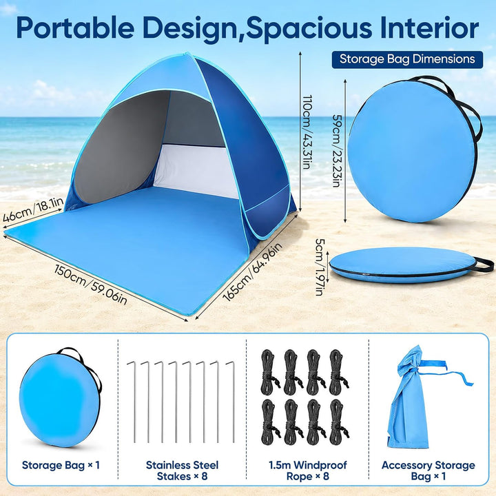 Strandmuschel Pop Up 3-4 Personen, 1 Sekunde Automatisches Wurfzelt Strandzelt mit 46cm Verlängerung