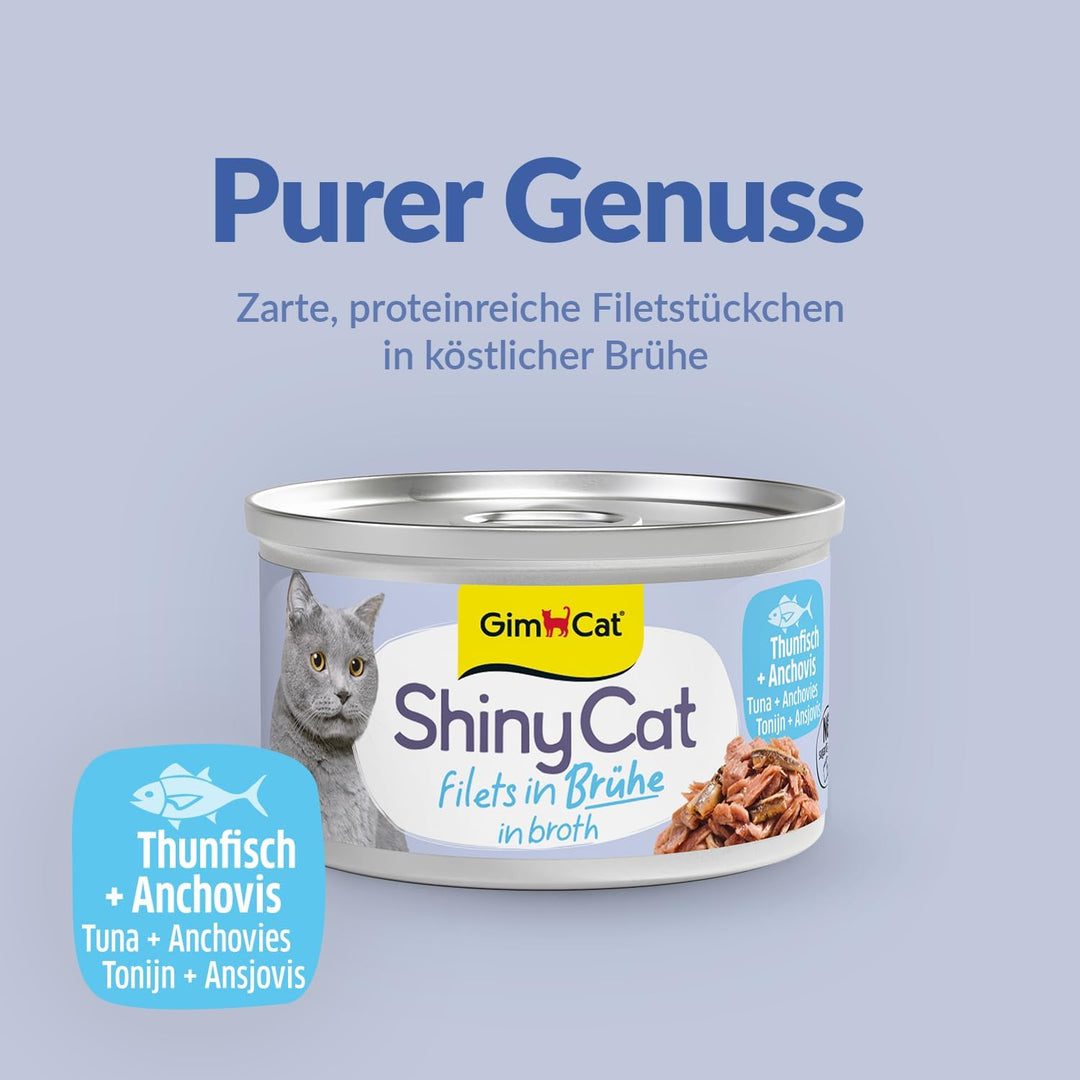 GimCat ShinyCat Filet in Brühe Thunfisch mit Anchovis - Nassfutter mit Fisch - 24 Dosen (24 x 70 g)