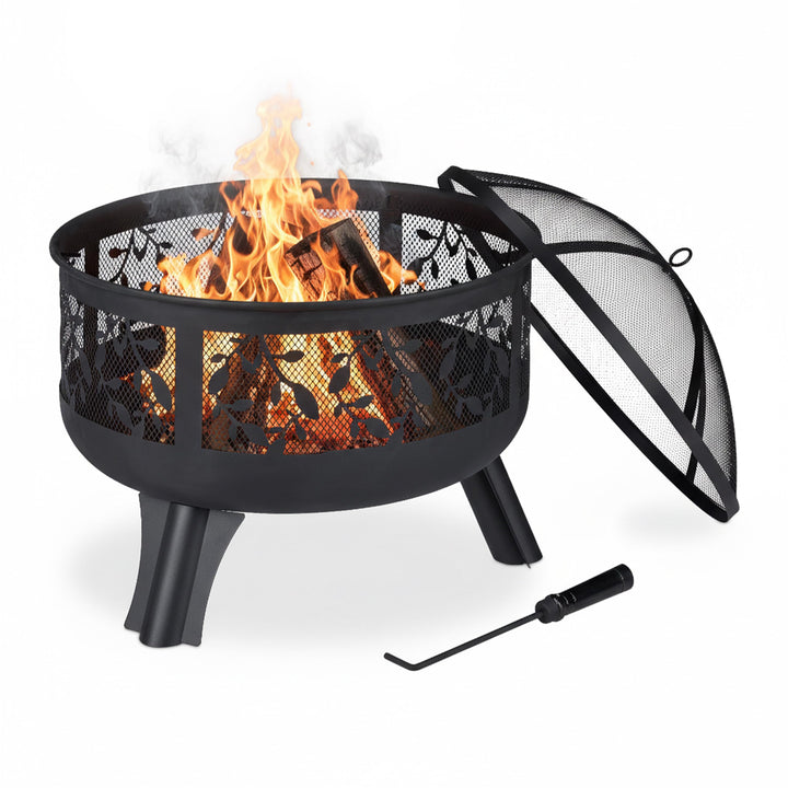 Relaxdays Feuerschale mit Funkenschutz, Garten & Terrasse, mit Schürhaken, Outdoor Feuerkorb, HxD: 6