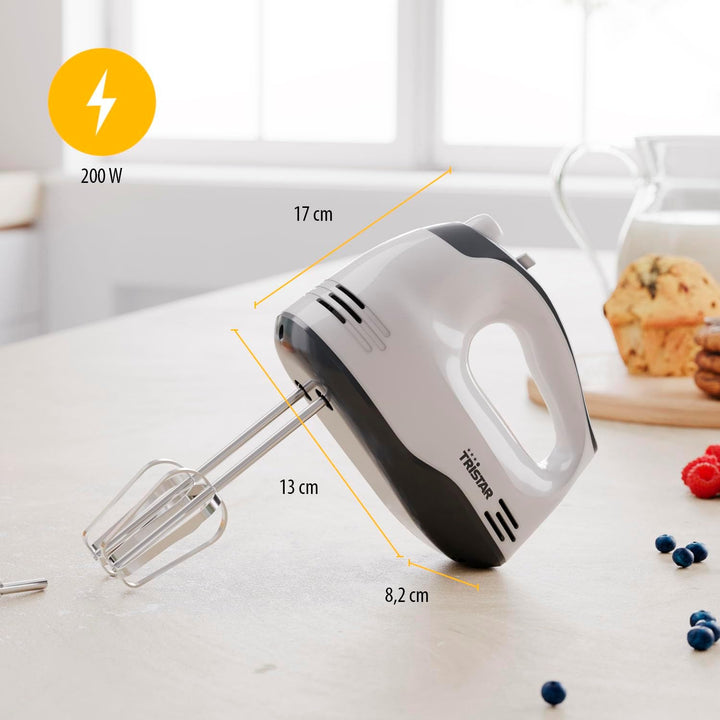 Tristar Handmixer, 5 Geschwindigkeitsstufen, 200W, Ergonomisch, Edelstahl-Rührbesen und Knethaken, S