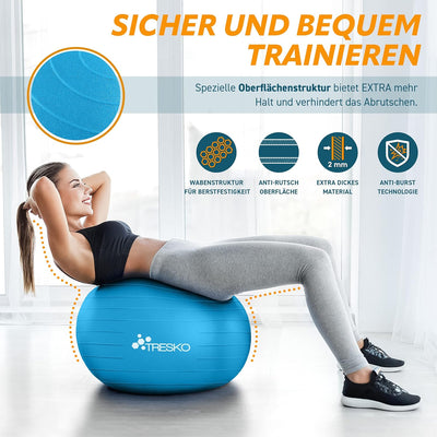 TRESKO® Gymnastikball BPA-Frei inkl. Luftpumpe | Ball für Fitness, Yoga, Gymnastik, Schwangerschaft,