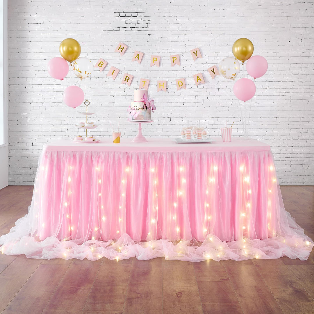 HBBMAGIC Baby Rosa Tüll Tischrock Mit Licht, 2-Langer 183cm Lang Rosa Rüschen Tulle Tischröcke, Wasc