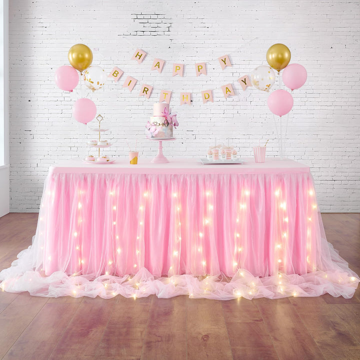 HBBMAGIC Baby Rosa Tüll Tischrock Mit Licht, 2-Langer 183cm Lang Rosa Rüschen Tulle Tischröcke, Wasc