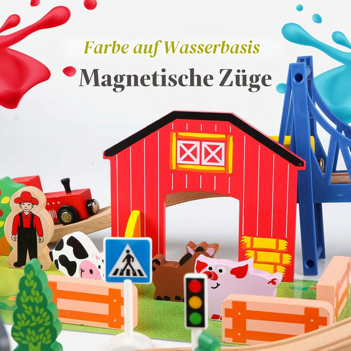 Jacootoys 80 Teile Holzeisenbahn Set Eisenbahn aus Holz Zug Spielzeug kombinierbar Spielzeugeisenbah