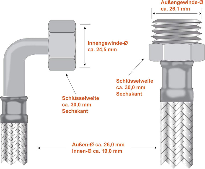 SFX® Panzerschlauch 100cm DN19-3/4 Zoll AG x 3/4 Zoll ÜM mit 90 Grad Bogen Sanitär Heizung Stahldrah