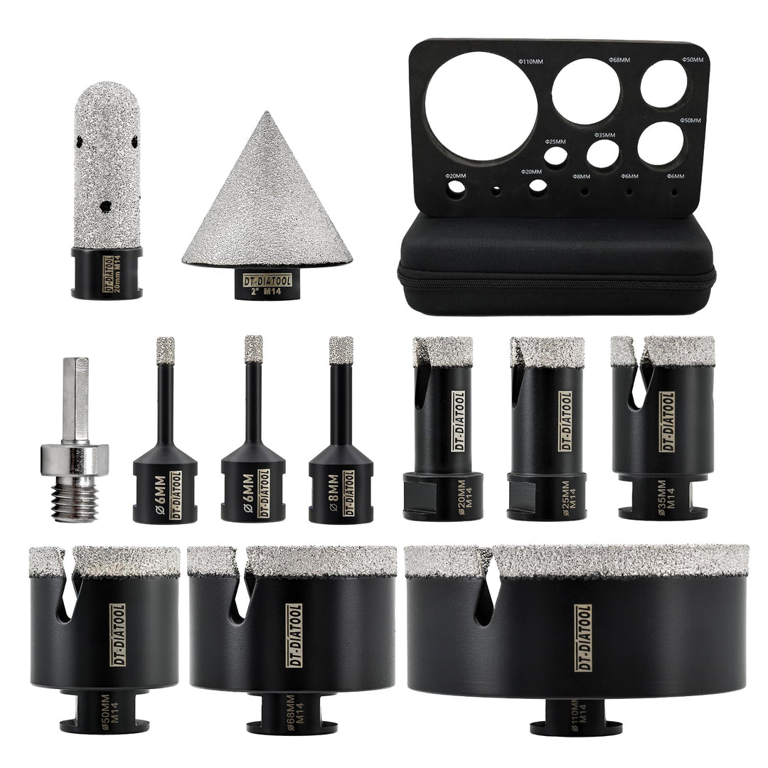 DT-DIATOOL Diamant-Fliesenbohrer 12-teilig M14 6/6/8/20/25/35/50/68/110mm+20mm Finger-Fräser+50mm Fa