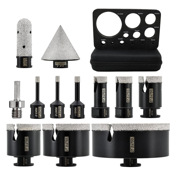 DT-DIATOOL Diamant-Fliesenbohrer 12-teilig M14 6/6/8/20/25/35/50/68/110mm+20mm Finger-Fräser+50mm Fa