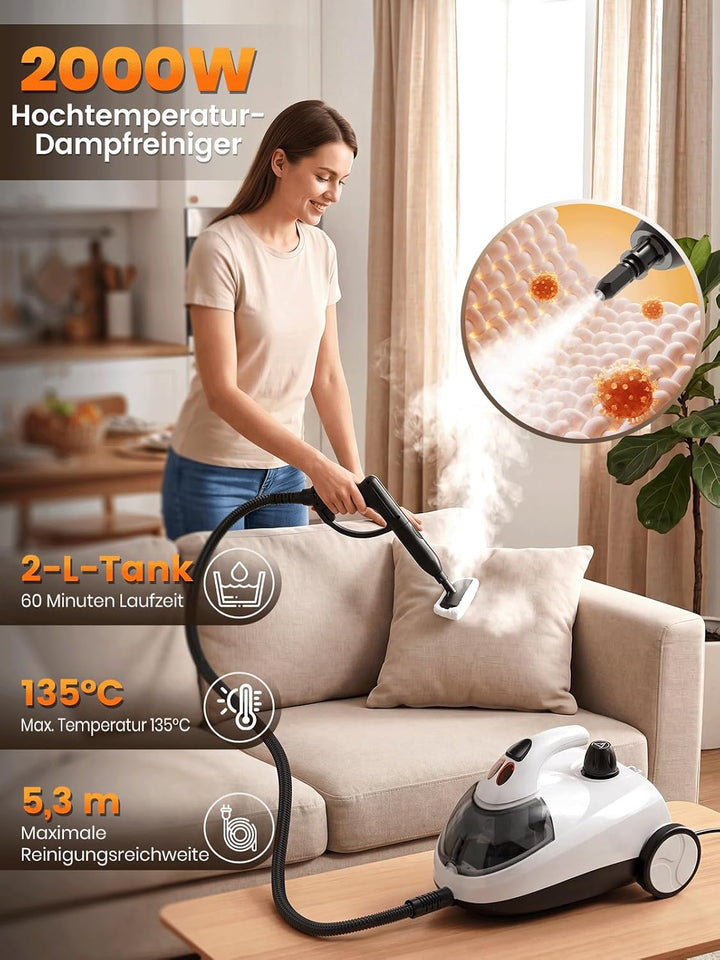 Dampfreiniger für Alles, 2000W mit 2L Tank, 16 Zubehörteilen, Weiss | Multifunktionaler Haushaltsrei
