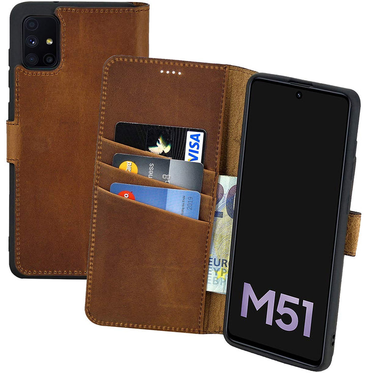 Suncase Book-Style Hülle kompatibel mit Samsung Galaxy M51 Leder Tasche (Slim-Fit) Lederhülle Handyt