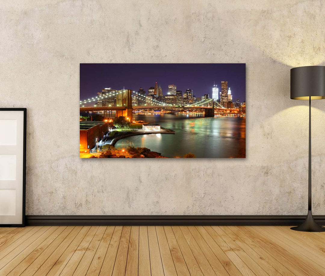 islandburner Bild auf Leinwand Manhattan Skyline Nacht Bilder Wandbilder Poster Leinwand 80x40cm, Le