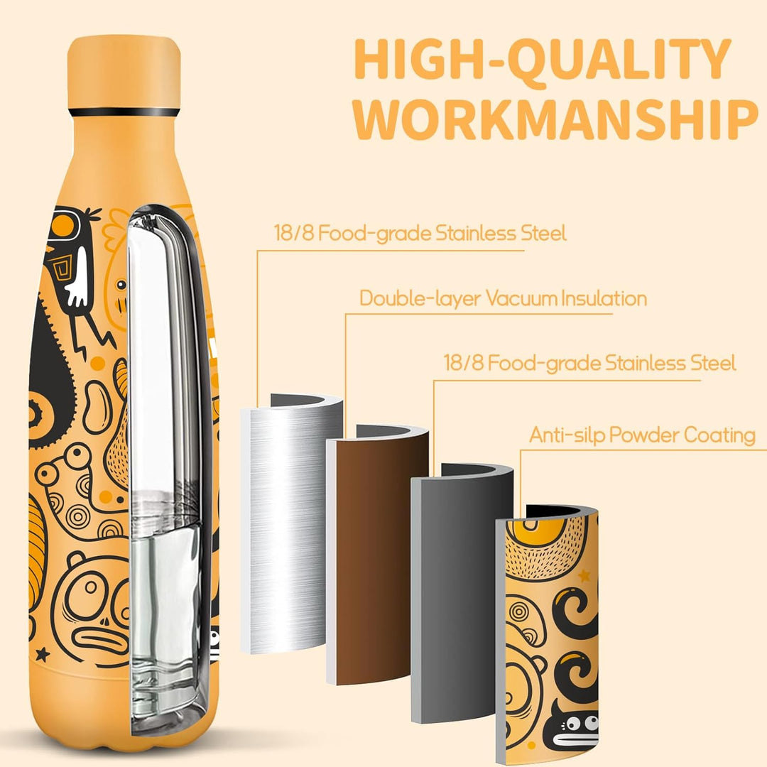 HoneyHolly Trinkflasche Edelstahl, 500ml BPA-frei, Thermosflasche, 18/8 Edelstahl, Wasserflasche Kin