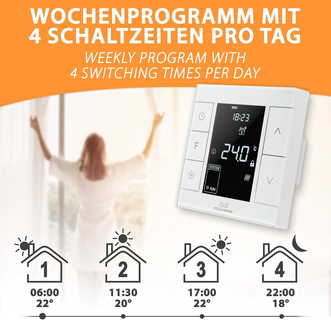 MCO Home Z-Wave Raumthermostat MH7H-EH für Fussbodenheizung & Infrarot-Heizung/Z-Wave Smarthome komp