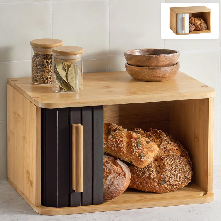 Praknu Brotkasten klein aus FSC® Holz mit Schiebetür - Brotaufbewahrung 33x23cm - Platzsparend und s
