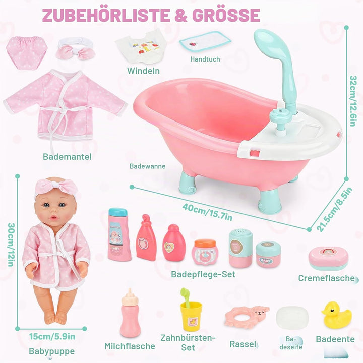 deAO Baby Puppe mit Badewanne und Zubehör, 30cm Badepuppe für Mädchen | Puppenzubehör Spielset mit F