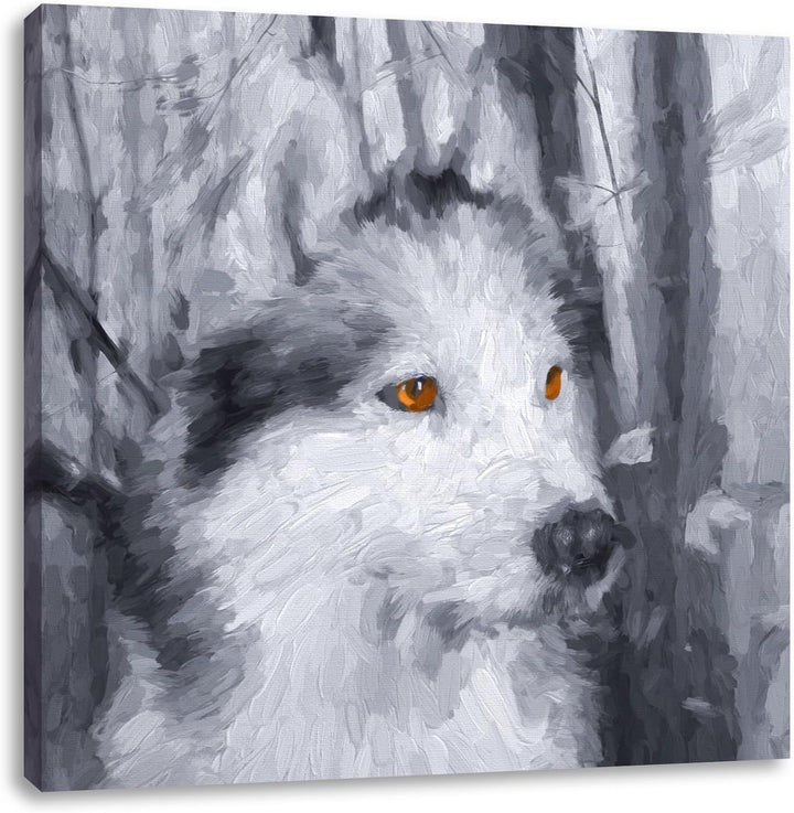 Pixxprint Wachsamer Husky Pinsel Effekt, Format: 70x70 auf Leinwand, 70x70
