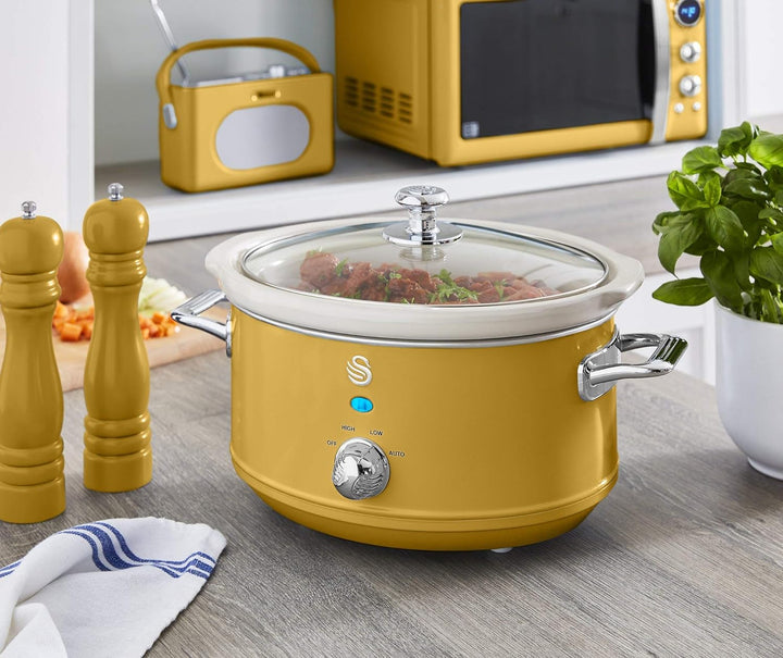 Swan Retro SF17021YELN Slow Cooker 3,5L Abnehmbarer Kochbehälter, PFOA- und PTFE-freier Keramischer