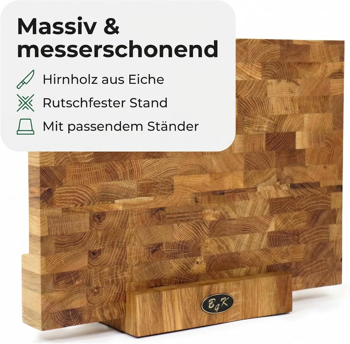 B4K 37х27х4,3cm mit Ständer Hackblock aus Eiche Stirnholz | Hirnholzbrett mit Griffen und Silikonfüs