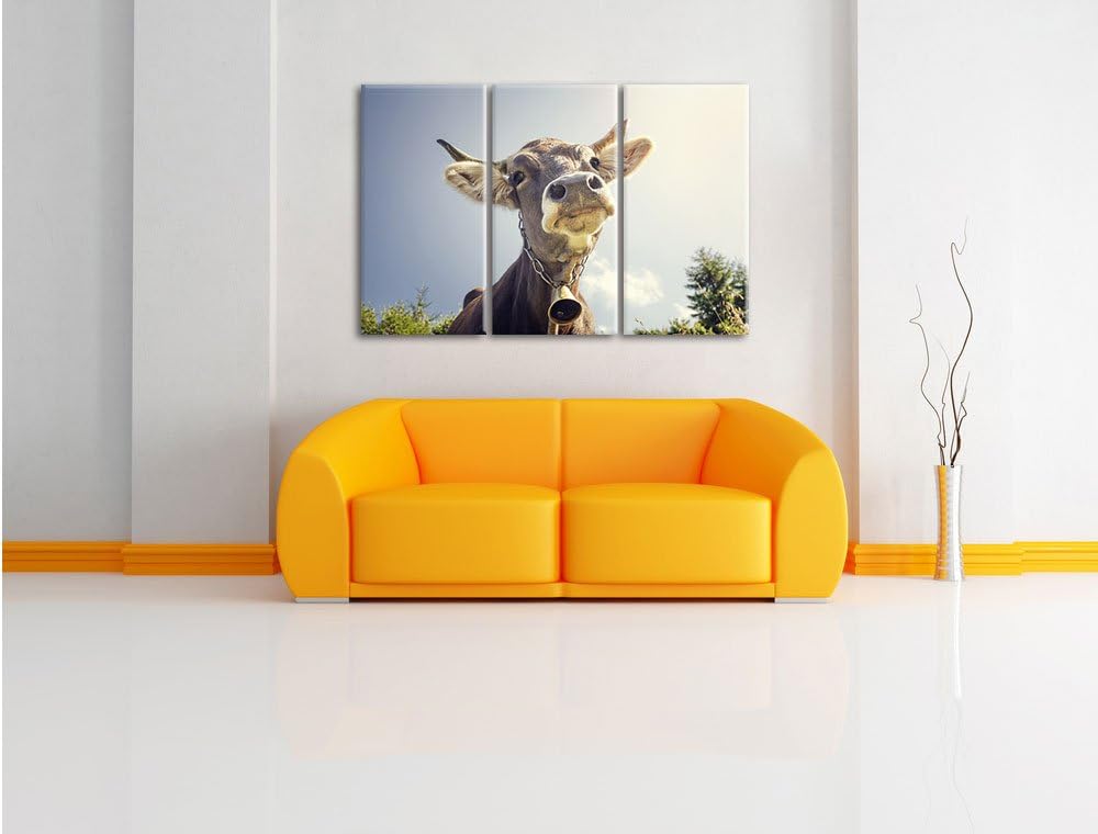 Pixxprint Lustiges Portrait Einer Kuh als Leinwandbild | Grösse: 3 Teilig (120x80) | Wandbild| Kunst