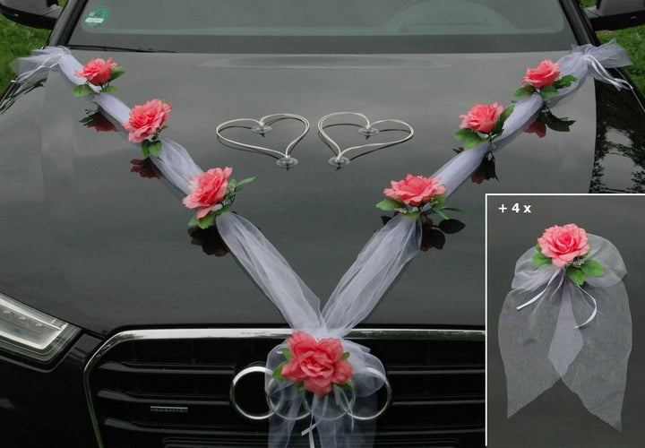 Organza M + Schleife Auto Schmuck Braut Paar Rose Deko Dekoration Autoschmuck Hochzeit Car Auto Wedd
