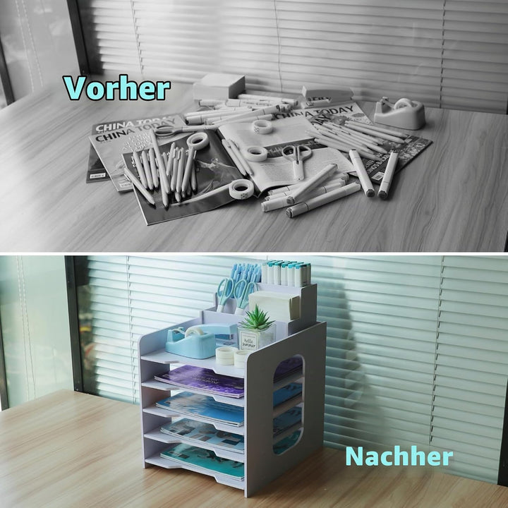 TSDRBWO Holz Briefablage für Büro, Dokumentenablage mit Stifthalter, 5-Tier Schreibtisch Organizer H