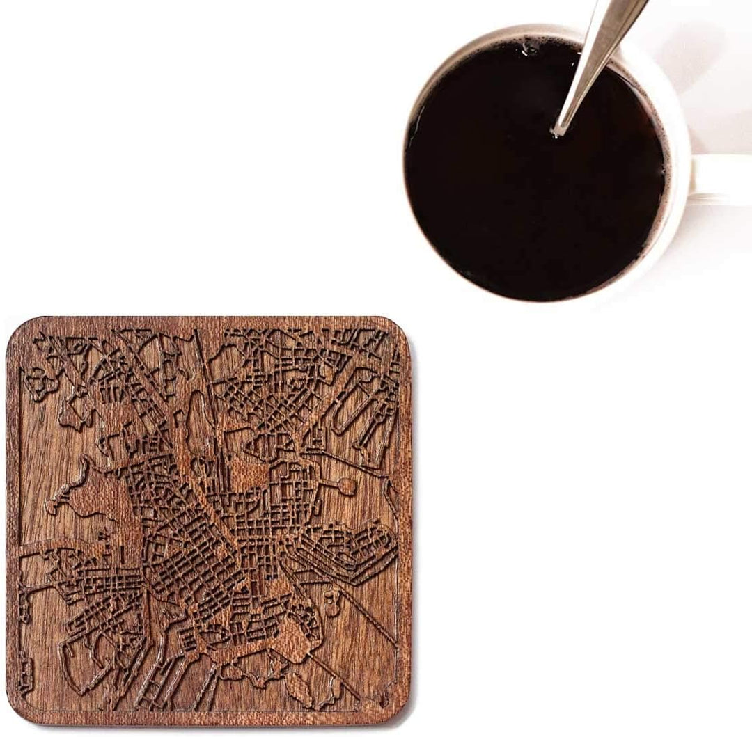 Helsinki Untersetzer mit Landkarte aus Sapeli-Holz, 4 Stück, mit Stadtkarte, mehrere Stadt optional,