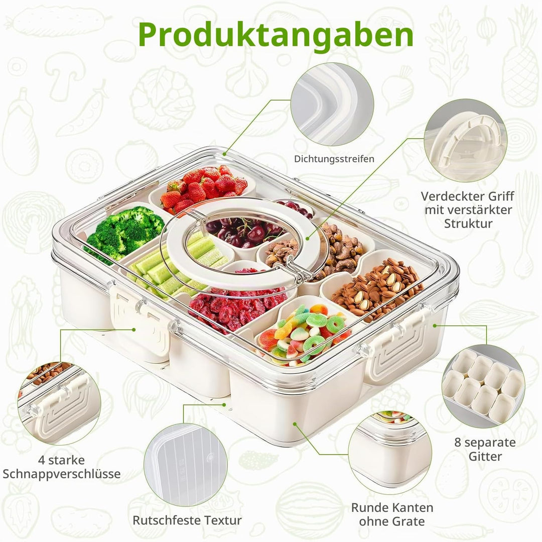 Carehabi Snackbox mit 8 Fächern, Snackteller mit Deckel und Griff, Snackdose Organizer für Snacks Sü