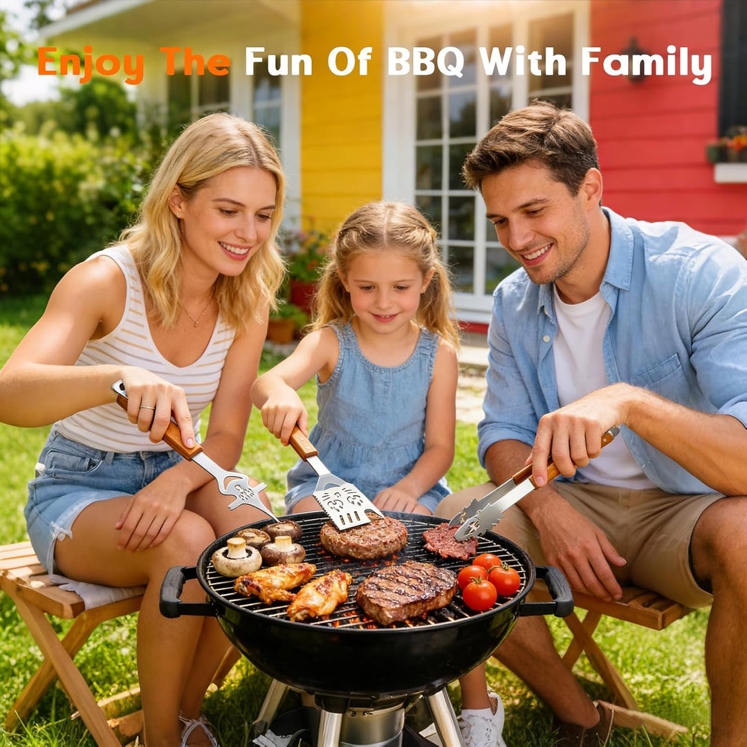 BBQ Grillbesteck Set 5-TLG, Extra Langes Grillwerkzeug aus Edelstahl mit Holzgriff, Grillzange, Flei