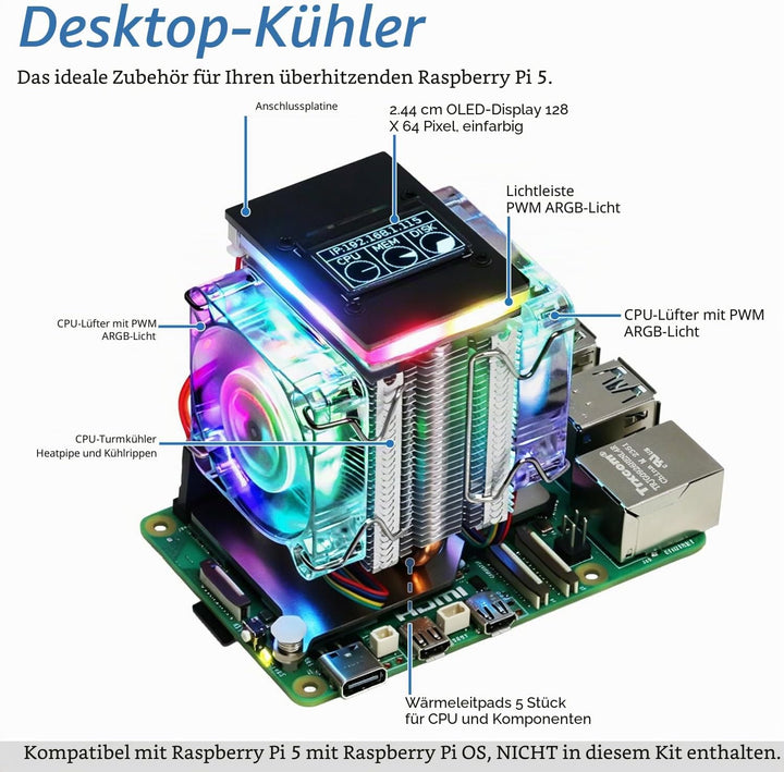 Freenove Active Cooler for Raspberry Pi 5 with 2 Fans and OLED Screen, Aluminum Heatsink with Heat P