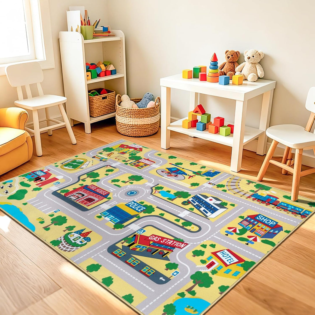 Capslpad Kinder Teppich Spielteppich für Kinder Stadt 100x160cm Rutschfest Kinderteppich Spielmatte