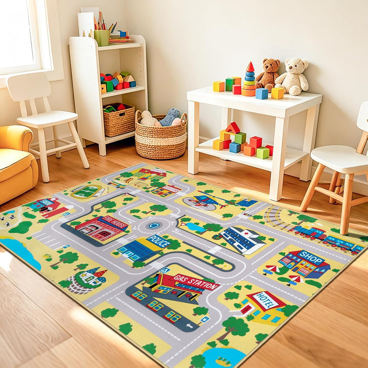 Capslpad Kinder Teppich Spielteppich für Kinder Stadt 100x160cm Rutschfest Kinderteppich Spielmatte