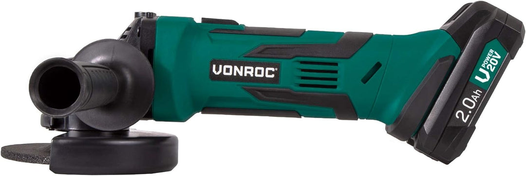 VONROC Akku-Winkelschleifer VPower 20V, 2.0Ah - 115mm - Komplettset mit Akku, Schnellladegerät, Seit