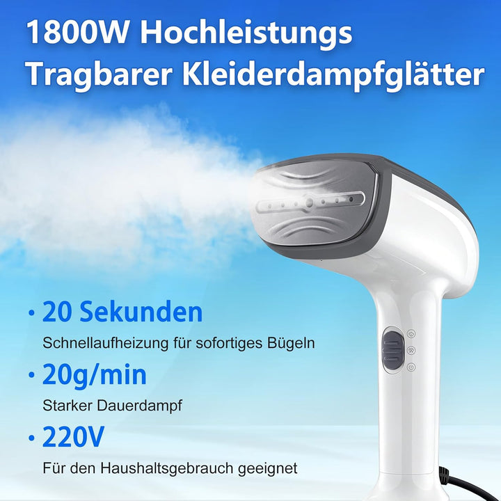 1800W Tragbarer Dampfglätter für Kleidung, 20-Sekunden Aufheizzeit | 2-in-1 Bügeleisen &amp; Faltenentfe