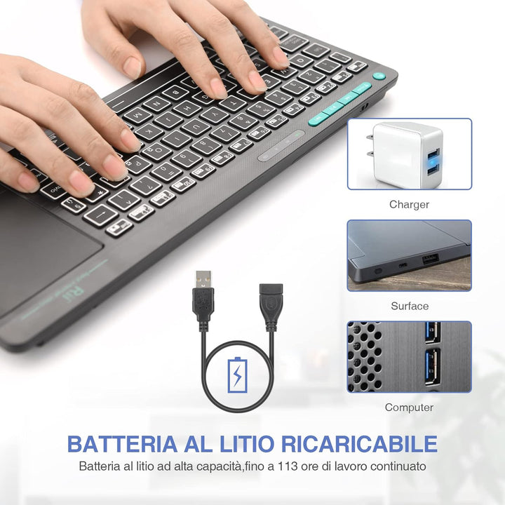 Rii Mini i18S Wireless + Bluetooth Kompakte Tastatur mit grosser Maus Touchpad und LED-Hintergrundbe