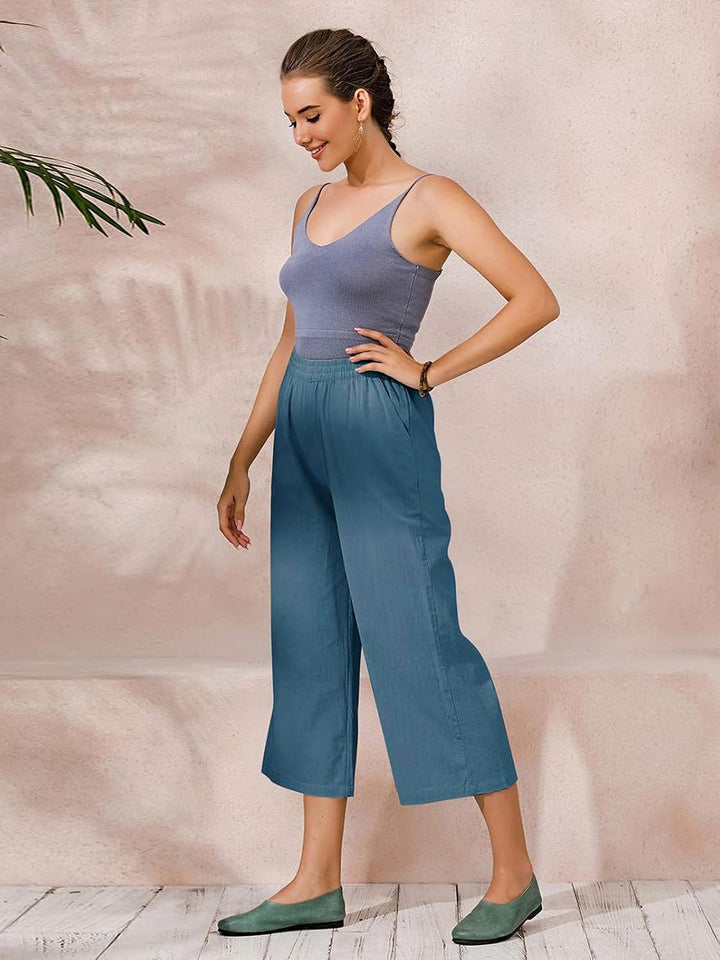 Ecupper Capris Hose Damen Sommer Übergrösse Baumwolle Lässig Hose Stoffhose Weitehosen S Blaugrün, S