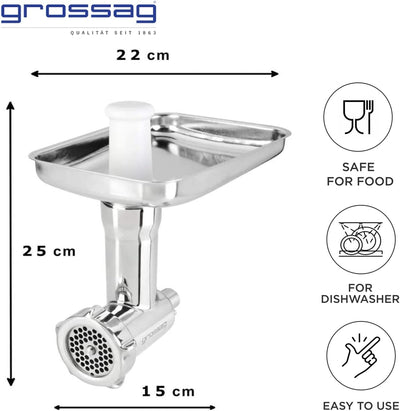 grossag Fleischwolf für KitchenAid Grösse 5 Edelstahl Spülmaschinenfest Inklusive 3 Lochscheiben KFW