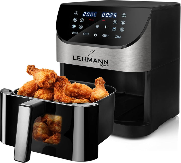LEHMANN Heissluftfritteuse 6L mit Sichtfenster, 1500 W, Air Fryer mit 12 Programmen, Temperaturkontr