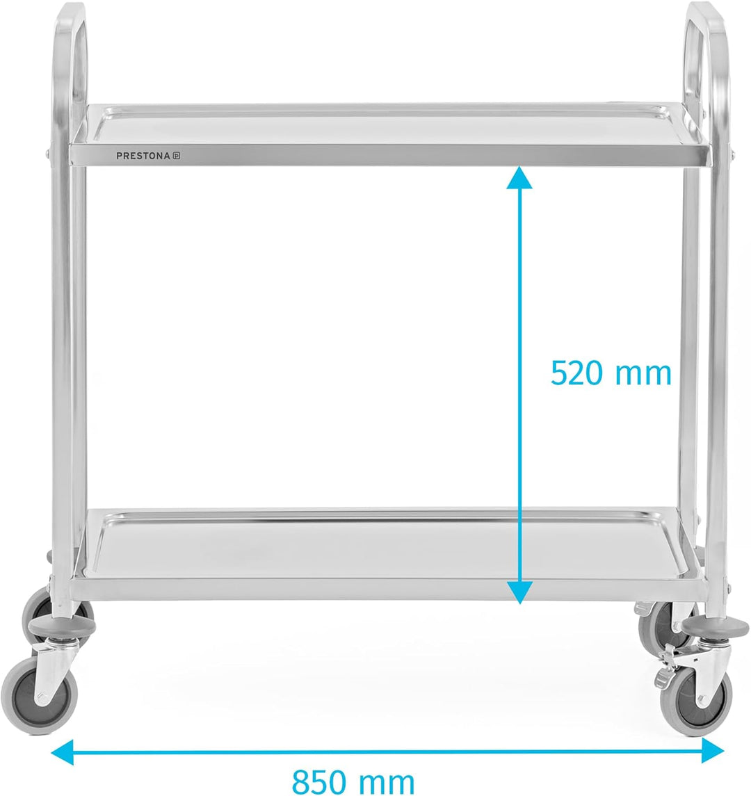 TECHNICA PRESTONA Servierwagen Edelstahl 2 Etagen mit Rollen & Bremse Quadratischer Griff 850x450x90