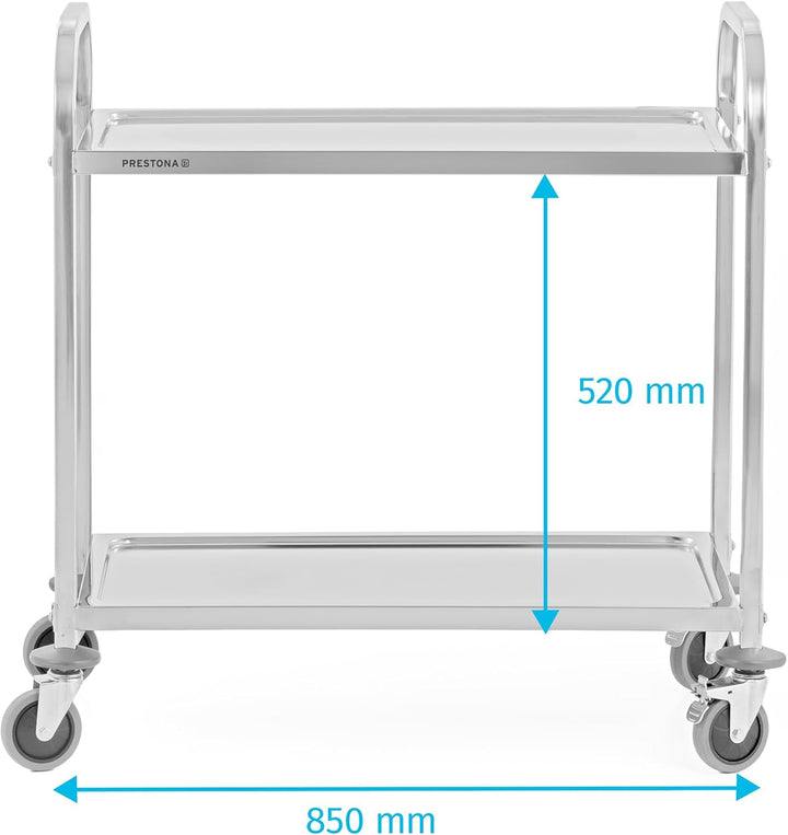 TECHNICA PRESTONA Servierwagen Edelstahl 2 Etagen mit Rollen & Bremse Quadratischer Griff 850x450x90