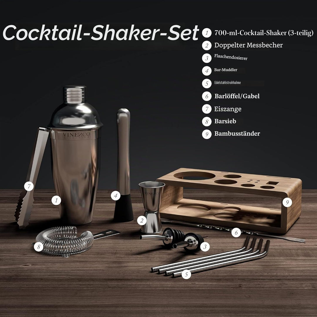 Cocktail Shaker Set mit Ständer & Rezeptbuch: Premium Edelstahl Bar Cocktailset Cocktailshaker Messb