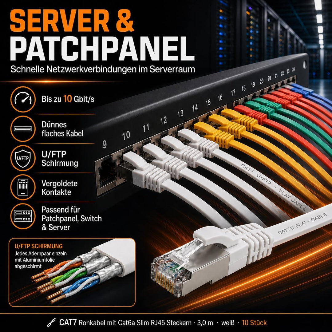 10x CAT7 Lan-Kabel flach 3m U/FTP 10 Gbit/s RJ45 Stecker Cat6a Weiss | Flaches U/FTP-Patchkabel bis