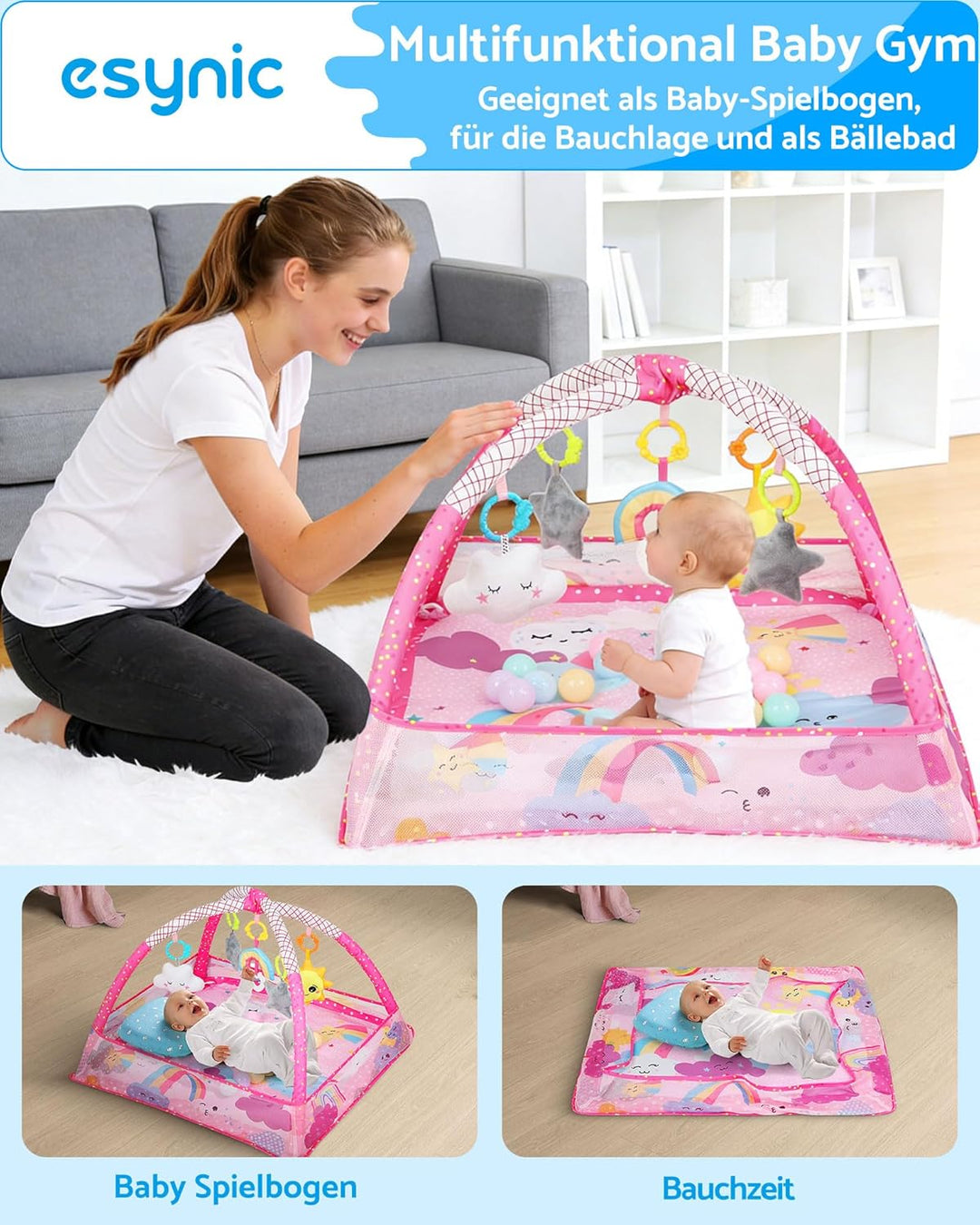 eSynic Babygym Spieldecke Krabbeldecke mit Spielbogen & Netz 7-in-1 Baby Play Mat für Bauchzeit mit