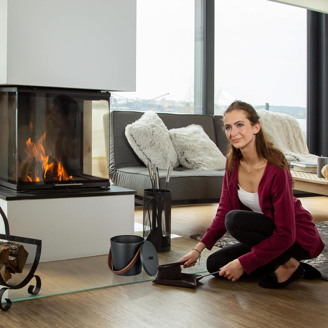 Relaxdays Ascheeimer mit Deckel, 4,5 Liter, Aschetonne mit Lederhenkel, für Kohle & Asche, Kamin, Of