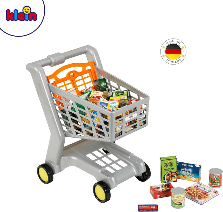 Klein Theo 7244 Einkaufswagen I Mit Klappsitz für Puppen I Gefüllt mit Deutschen Produkten für den K