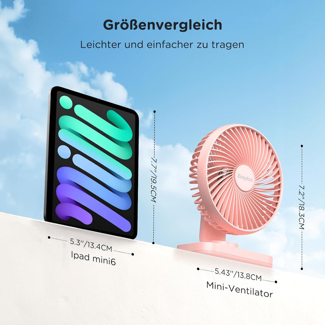 EasyAcc Tischventilator Batterie USB Ventilator 4000 Akku Klein Tragbarer 4 Geschwindigkeiten Ventil