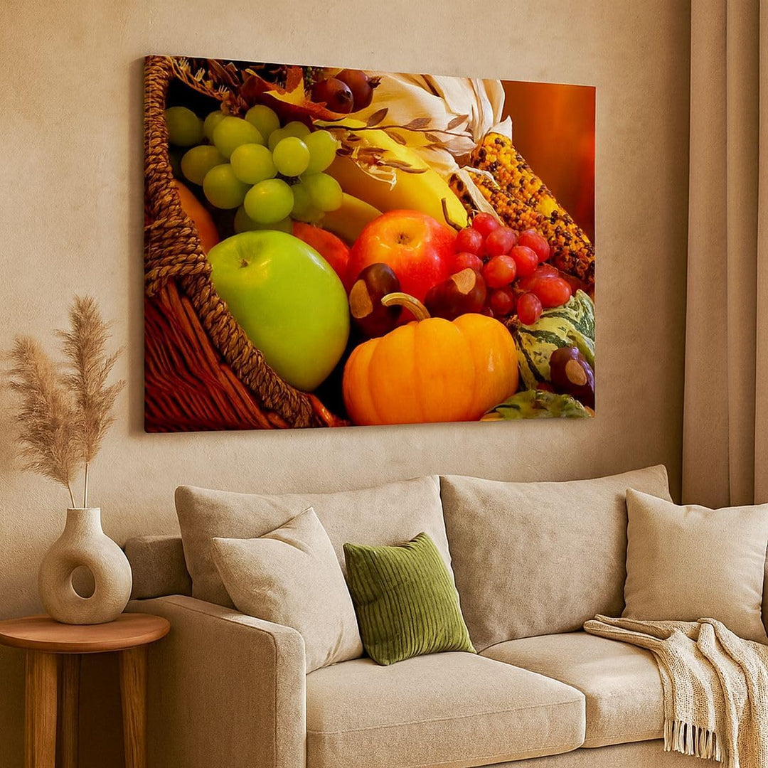 ARTTOR Bilder auf Leinwand 100x70cm Leinwandbild Weidenkorb Obst Gemüse Gross Wanddeko Bild Schlafzi