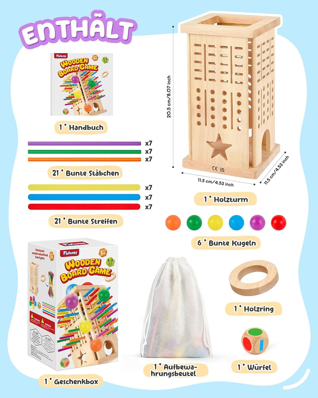 Montessori Spielzeug Holz Brettspiel ab 3 Jahren – Kinderspiele mit Bunte Stäbchen & Ball – Lernspie