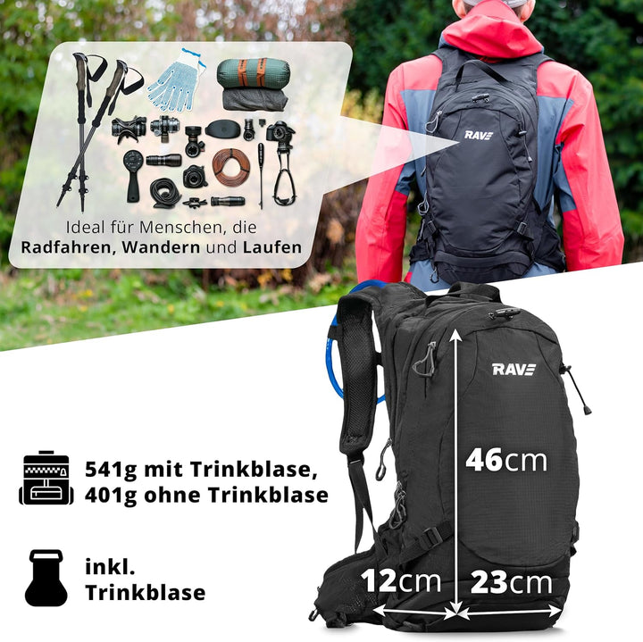 RAVE Bike &amp; Outdoor Rucksack Fahrradrucksack Trekkingrucksack 10L schwarz inkl. 2L Trinkblase